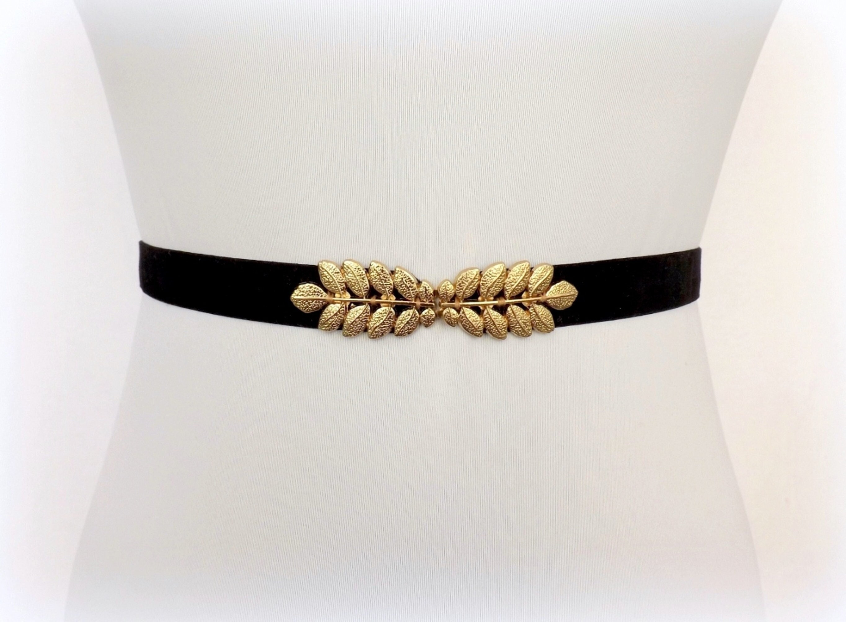 Elegant Black and Gold Leaf Elastic Belt Retro Gold Leaf Belt, Women Black Shiny Belt, Evening Belt  main image 3