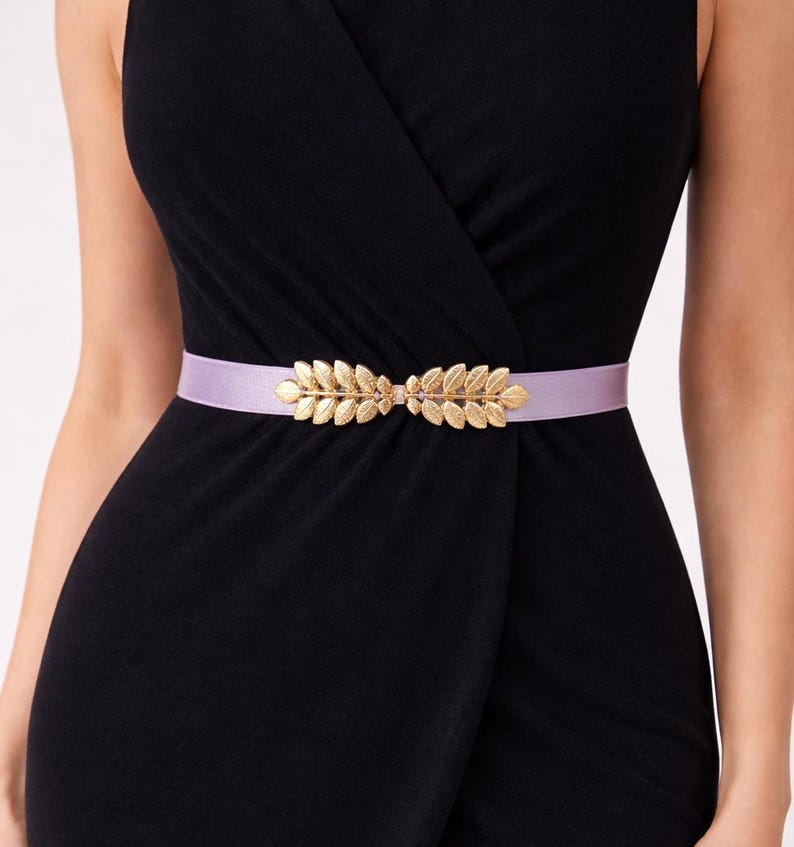 Purple special occasion fashion accessories - women's light purple elastic gold grecian leaf waist belt