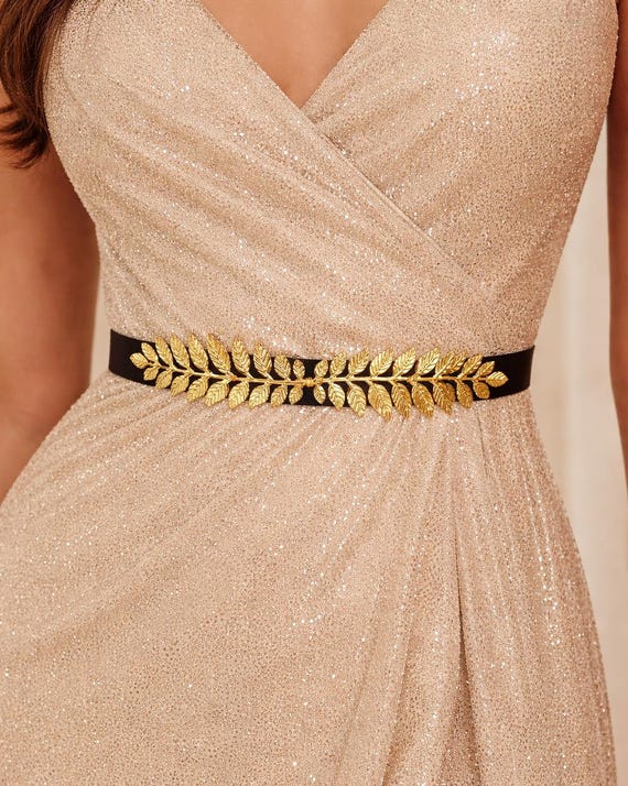 Women's Black elastic Gold grecian leaf dress belt, Available in regular and plus size