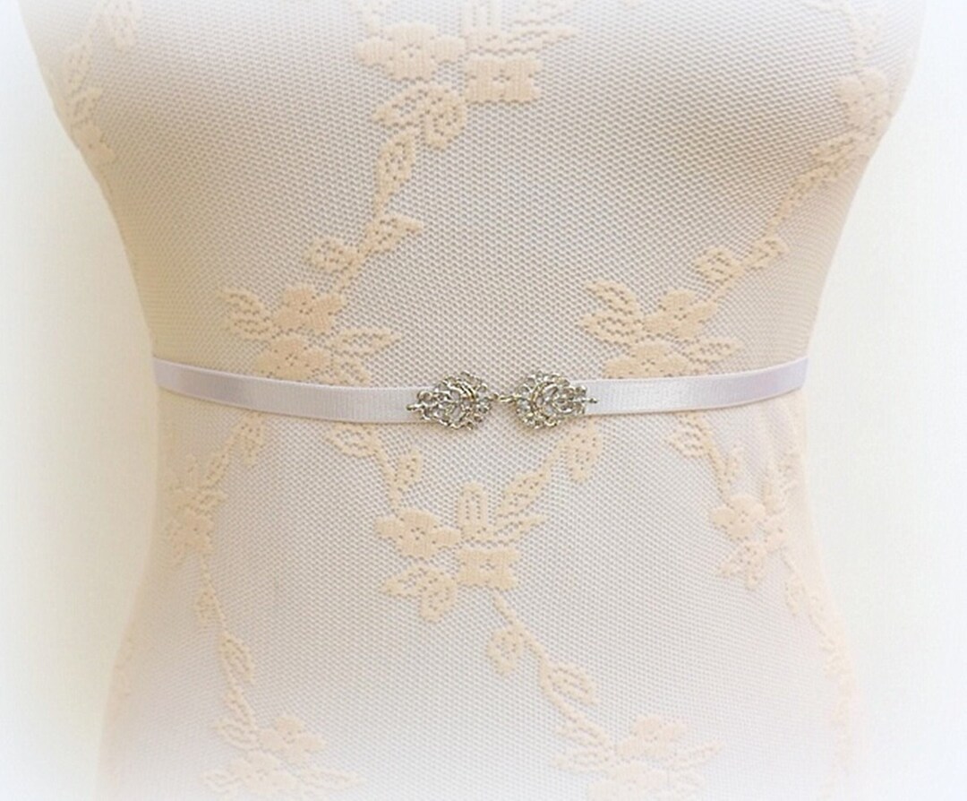 Ivory Bridal Thin Elastic Waist Belt, Silver Vintage Jeweled Wedding ...
