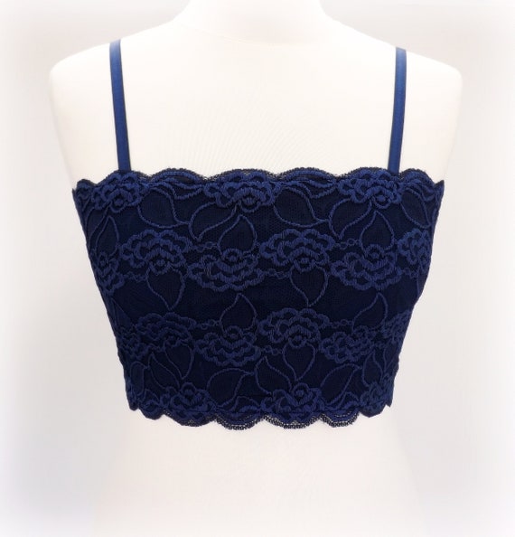 Navy Blue Lined Elastic Lace Bralette, Cropped Cami 