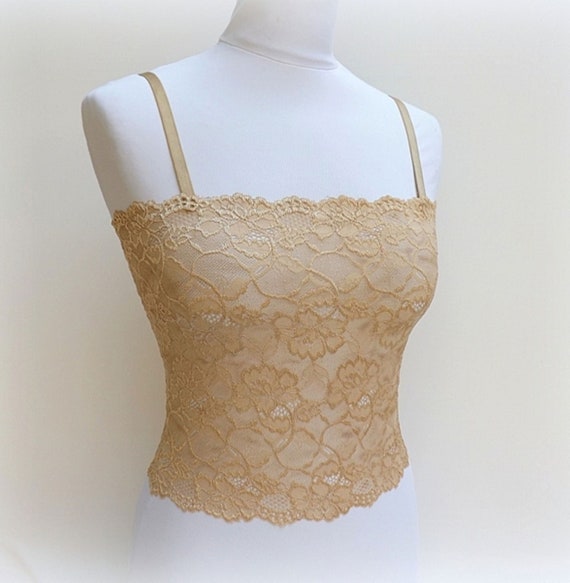 Gold Sheer Elastic Lace Tank Top, See Through Camisole 