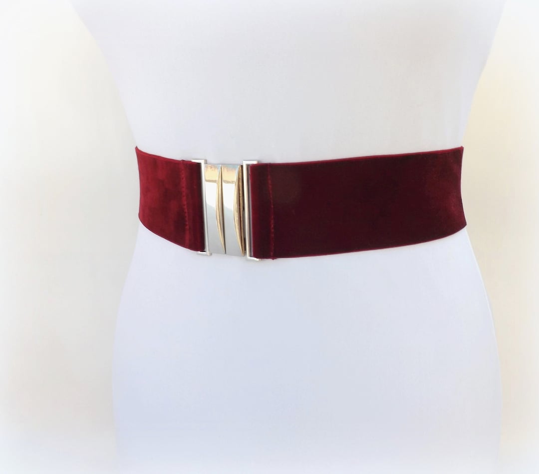 Burgundy Wide Velvet Elastic Waist Belt With Silver Clasp