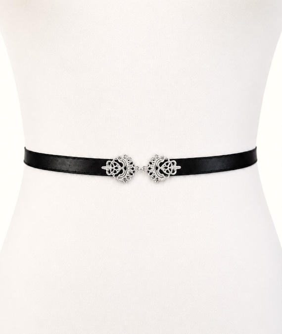 Black Thin Elastic Silver Vintage Jeweled Dress Belt, Regular & Plus Size