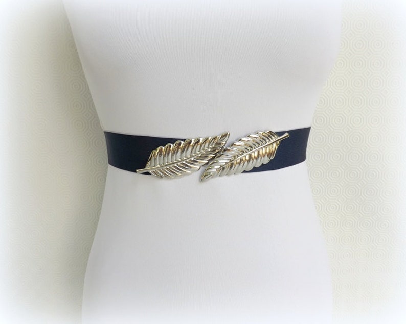 Navy blue elastic waist belt Silver leaf dress belt Etsy