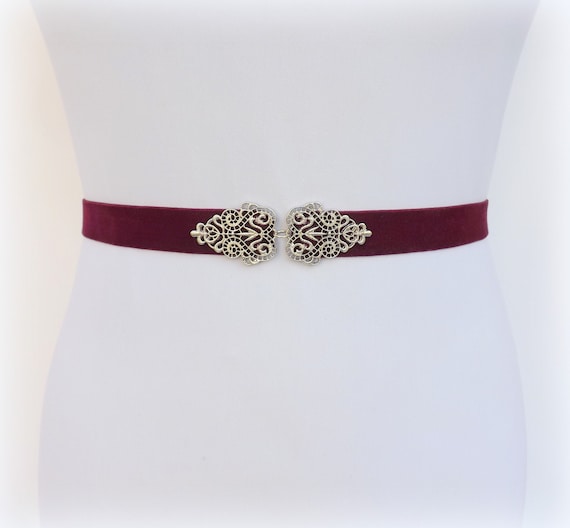 Burgundy Velvet Elastic Silver Vintage Jeweled Waist Belt