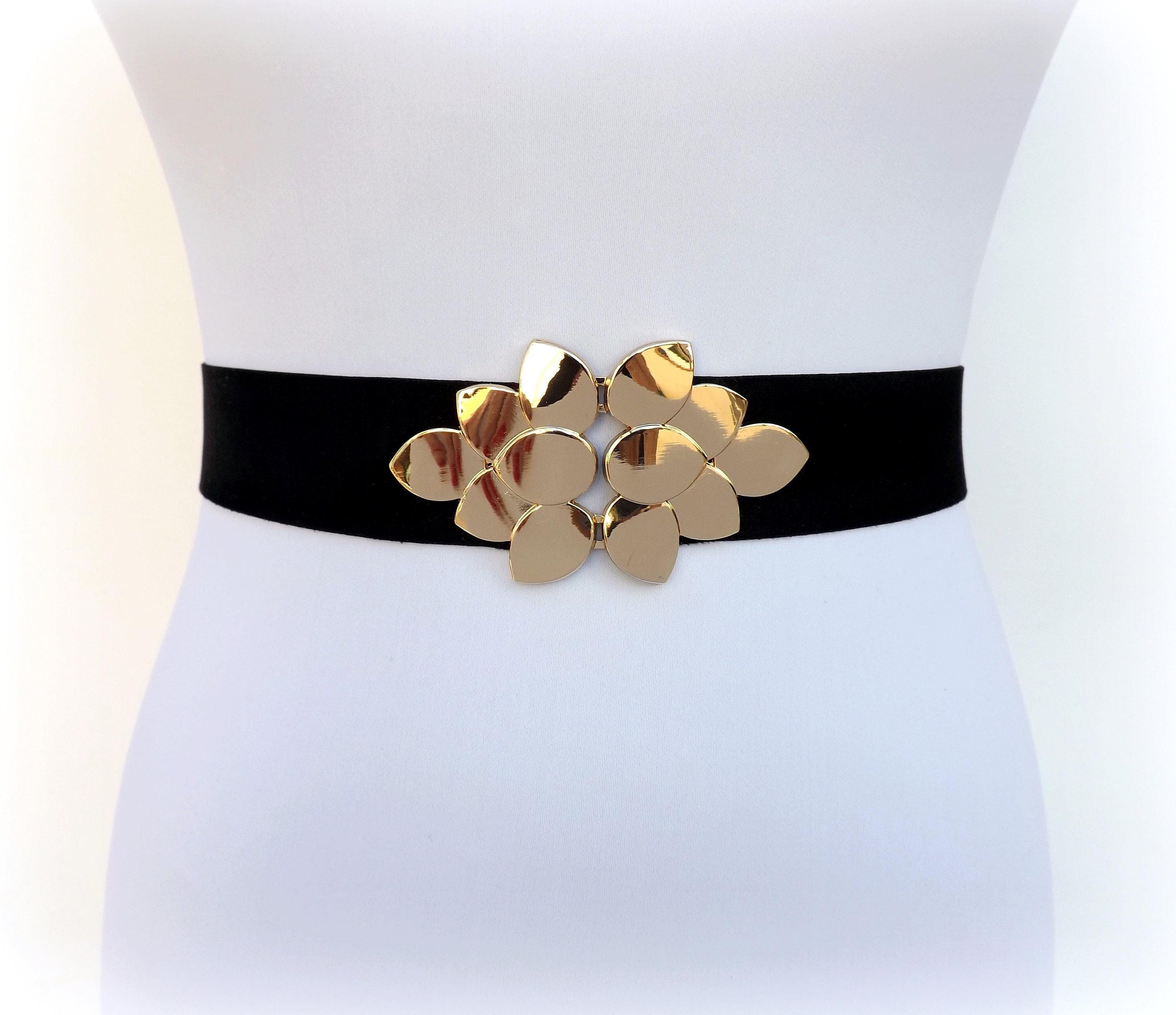 Black velvet elastic waist belt with gold leaves clasp