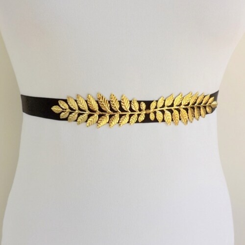 Black Velvet Elastic Gold Leaf Dress Belt Etsy