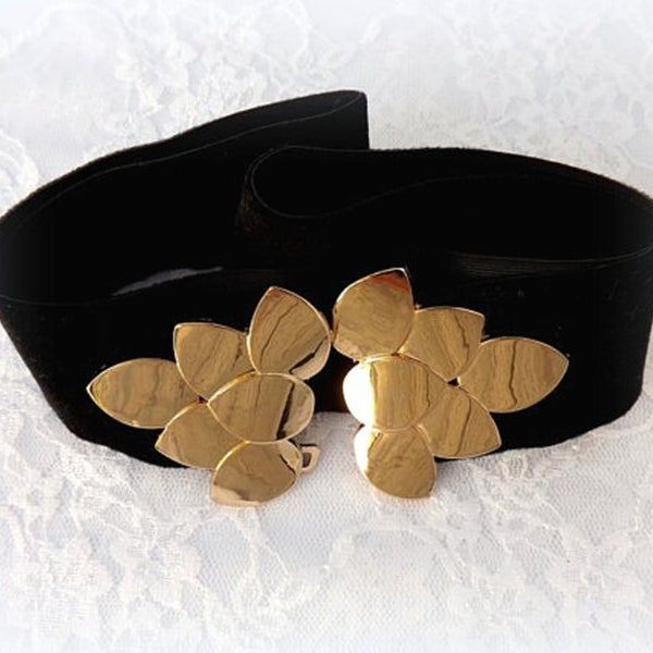Black wide velvet elastic waist belt with gold leaf buckle clasp