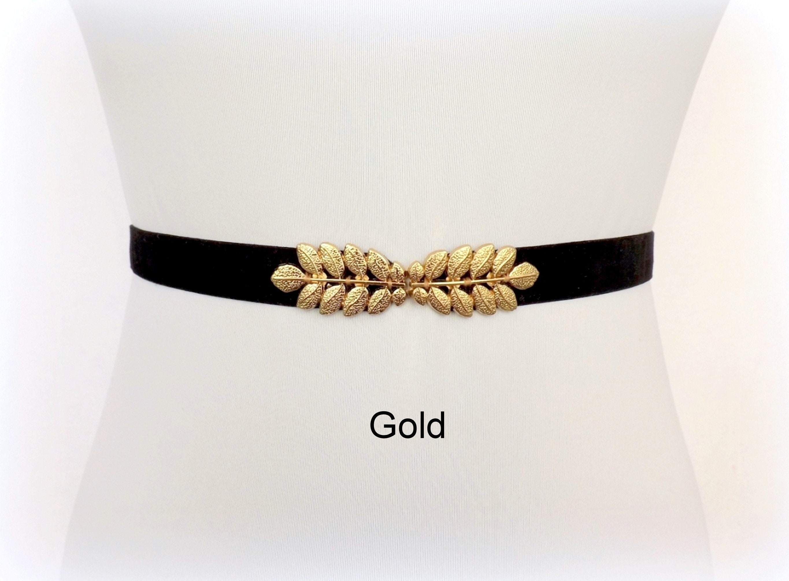 Black elastic velvet waist belt with silver leaf clasp