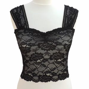 Black sheer stretch elastic floral lace tank top with wide lace straps