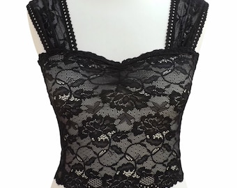 Black sheer stretch elastic floral lace tank top with wide lace straps