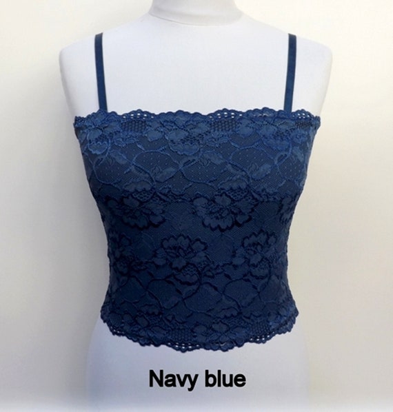  Navy Blue Lined Elastic Lace Bandeau Top, Size XS to
