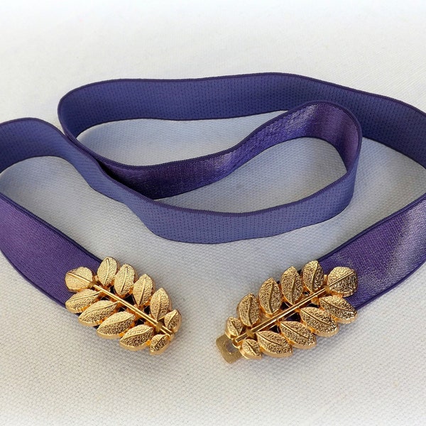 Dark purple bridal elastic waist belt, Gold grecian leaf wedding dress belt