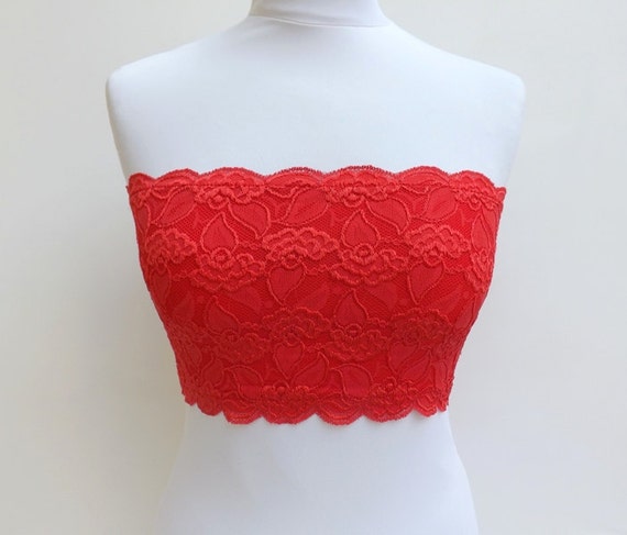 Red Lined Elastic Lace Bandeau Top, Strapless Bra 