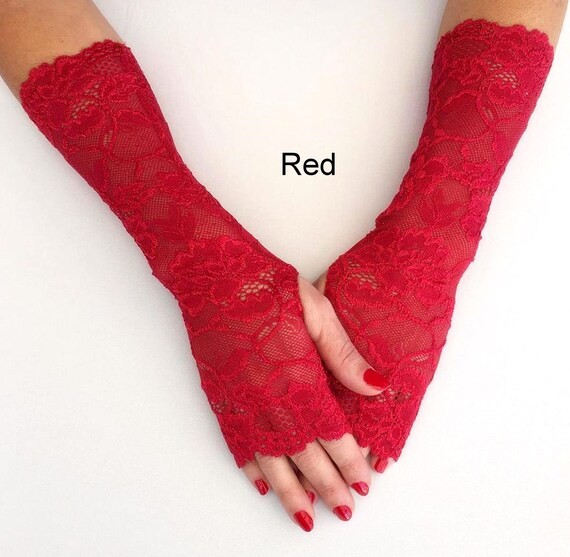 Long red online lace fingerless gloves