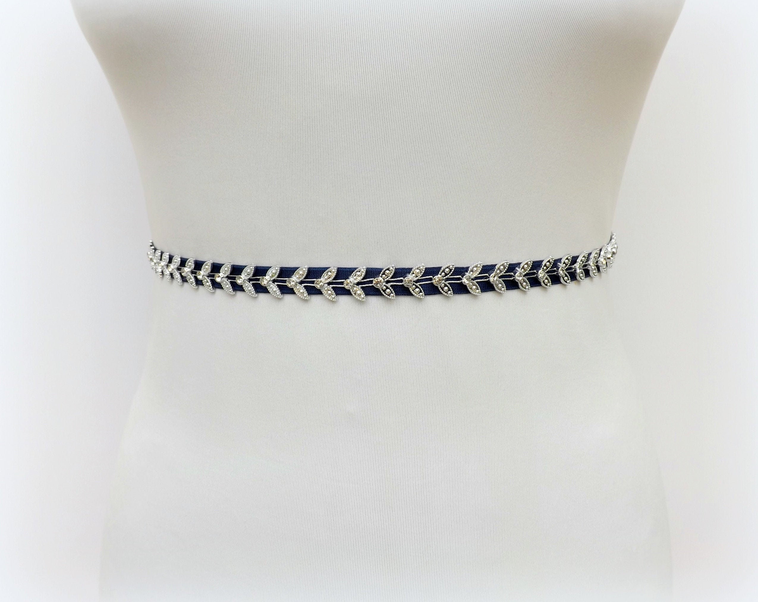 Navy blue thin elastic waist belt Silver leaf dress belt Etsy