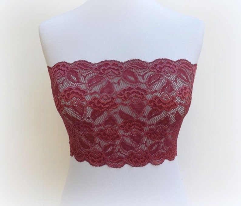 Burgundy see through elastic lace bandeau tube top bustier