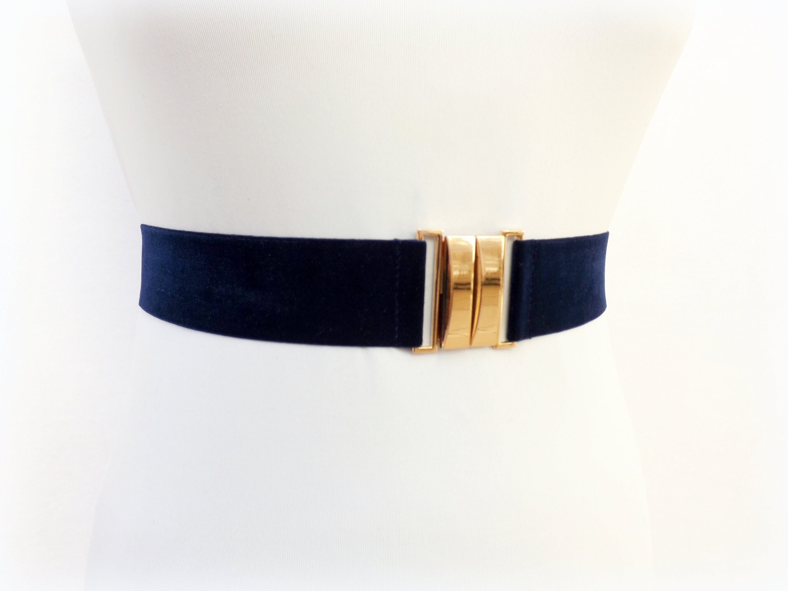 Vintage Navy Stretch Waist Belt Gold Hook Closure Vintage Navy Blue Elastic Belt: Gold Snake Hook Clasp - Etsy main image 3