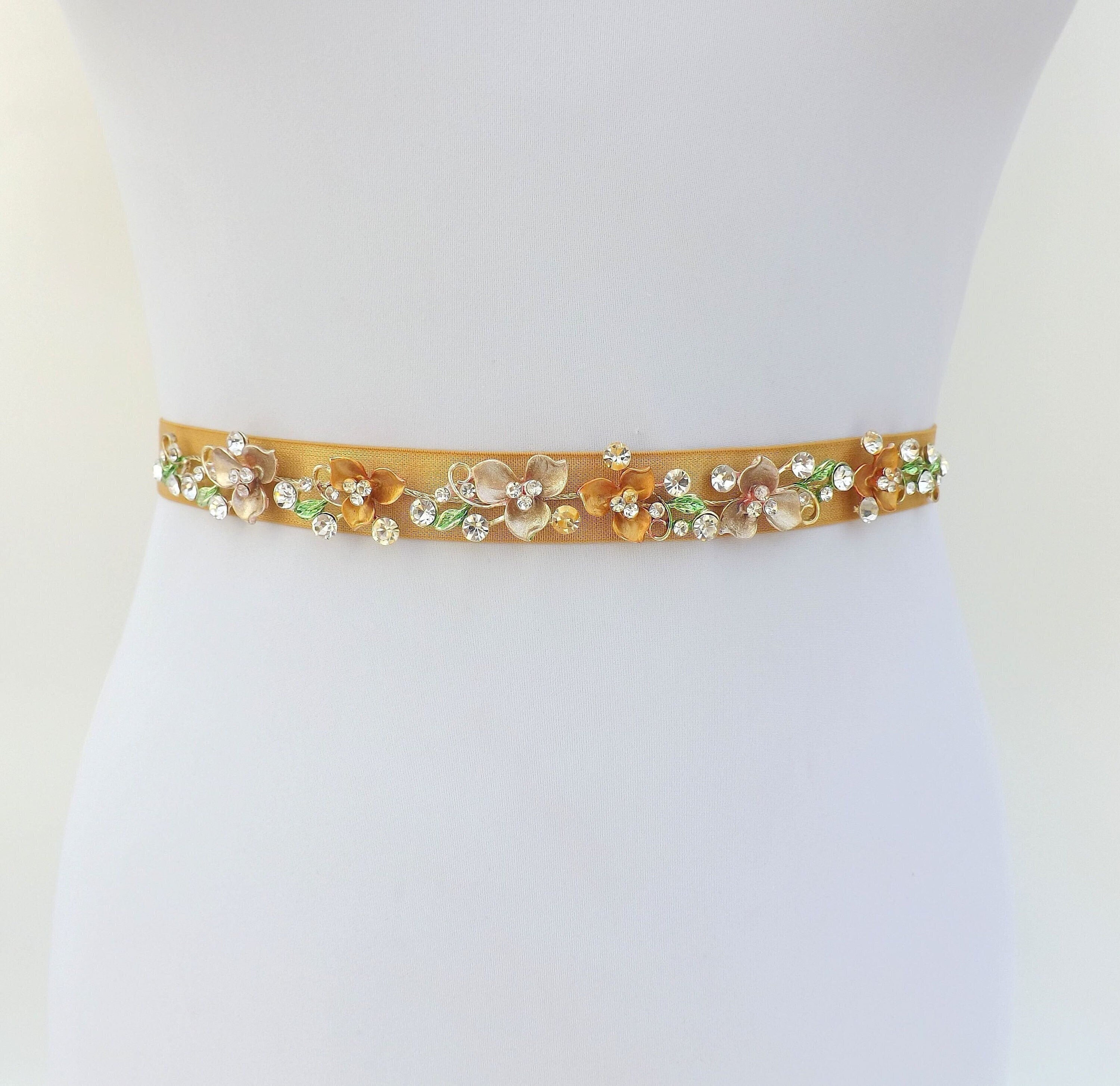 Gold Bridal Sparkly Floral Elastic Wedding Dress Belt - Etsy