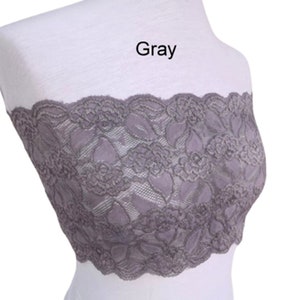 Top a fascia in pizzo elastico trasparente nero, reggiseno trasparente senza spalline Grigio