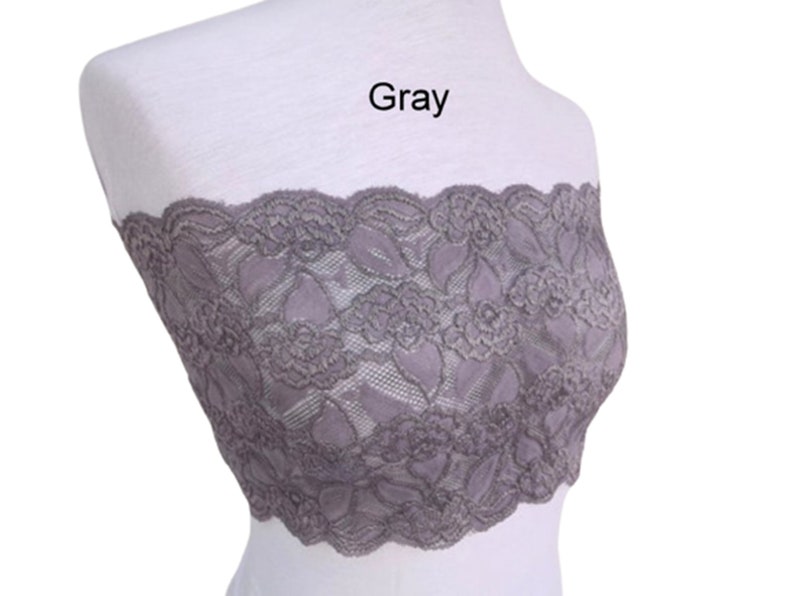 Top a fascia in pizzo elastico trasparente nero, reggiseno trasparente senza spalline Grigio