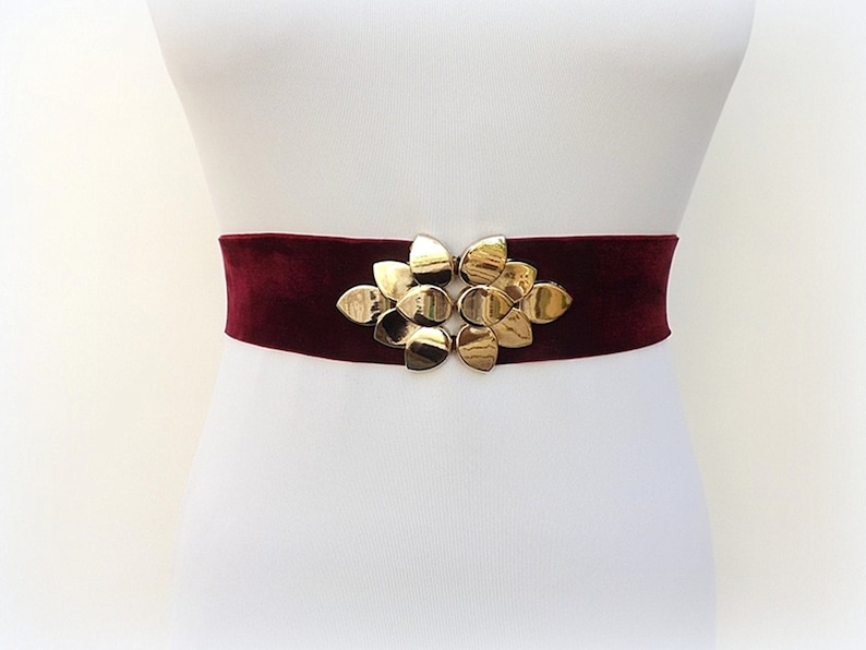 Burgundy wide elastic velvet waist belt, Gold leaf dress belt Burgundy