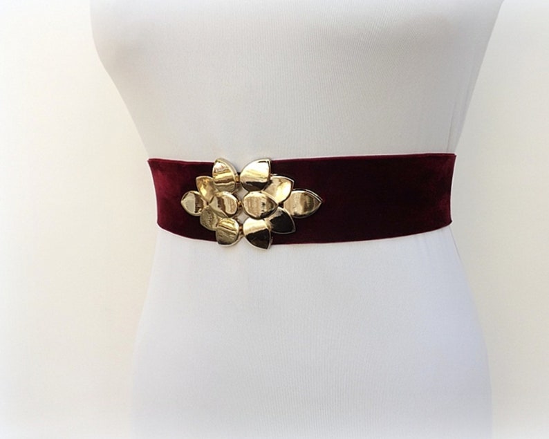Burgundy wide elastic velvet waist belt, Gold leaf dress belt 画像 2
