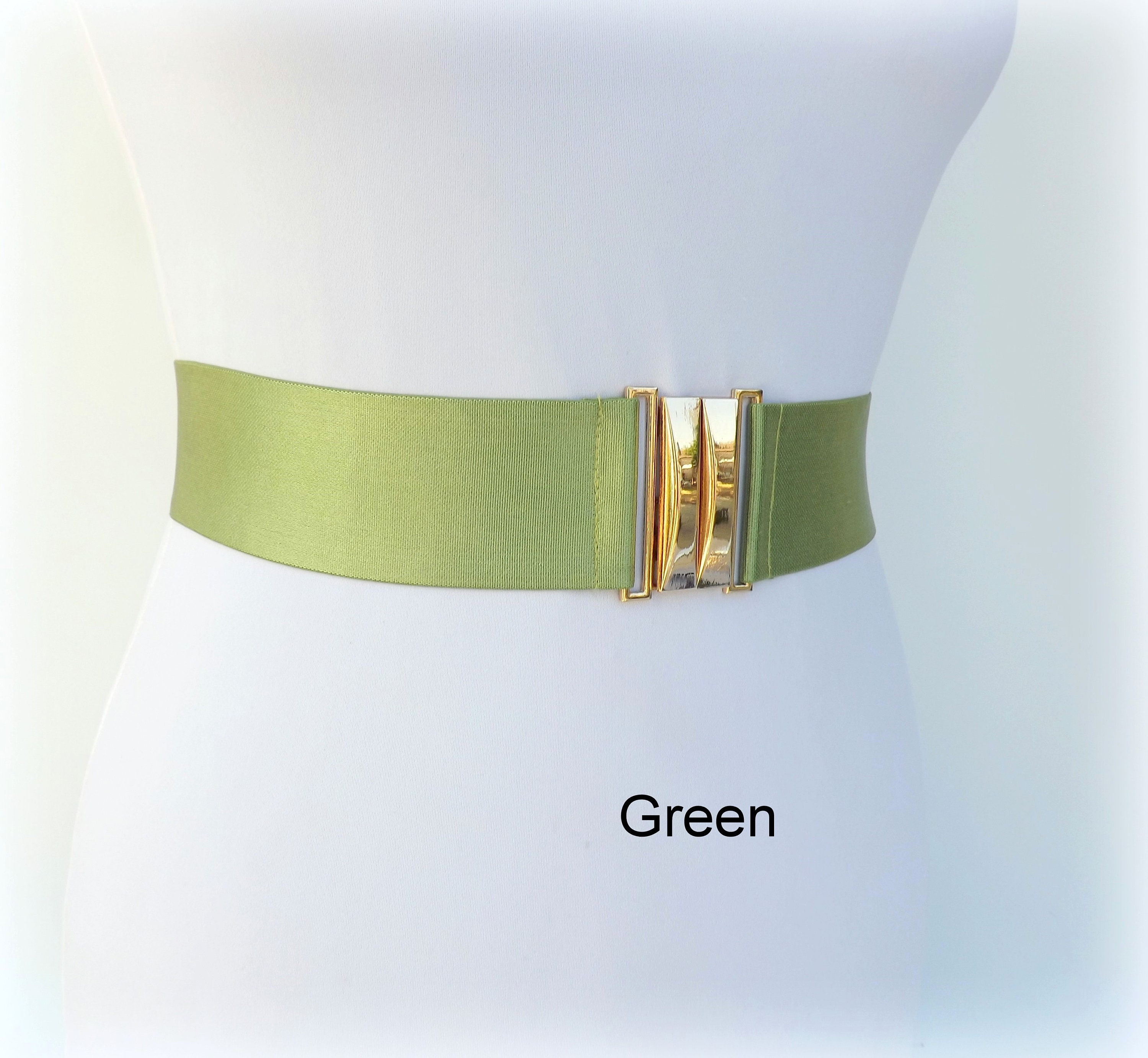 Gold Buckle Green Elastic Waist Belt - Women\'s Accessory Amazon.com: Women Fashion Belt Business Casual Faux Leather  main image 3