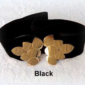 Burgundy wide elastic velvet waist belt, Gold leaf dress belt Black