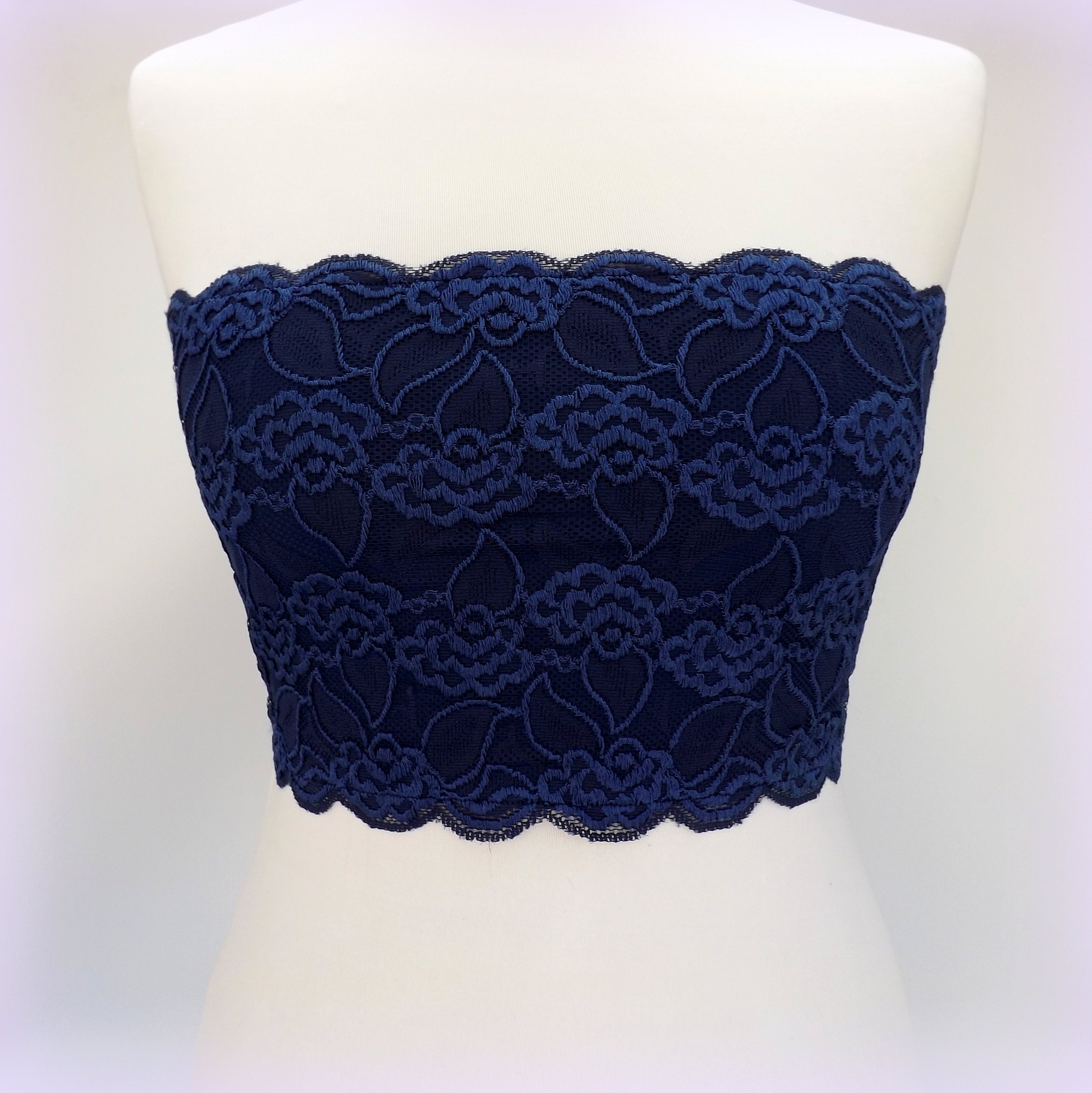  Navy Blue Lined Elastic Lace Bandeau Top, Size XS to