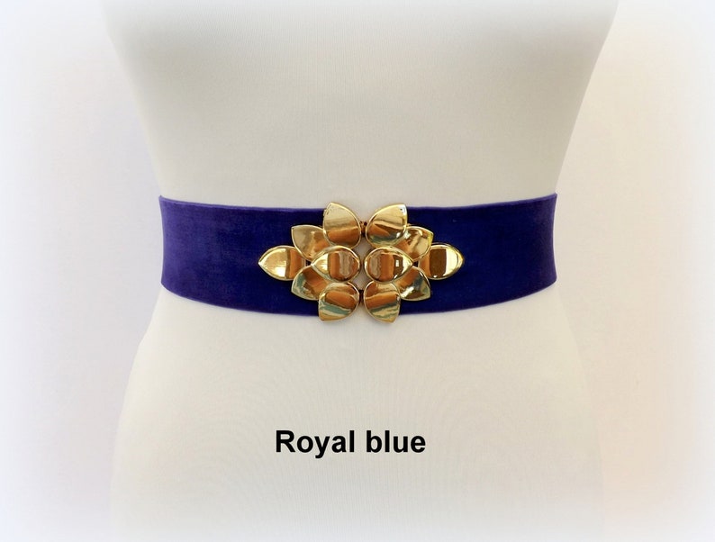 Burgundy wide elastic velvet waist belt, Gold leaf dress belt Royal blue