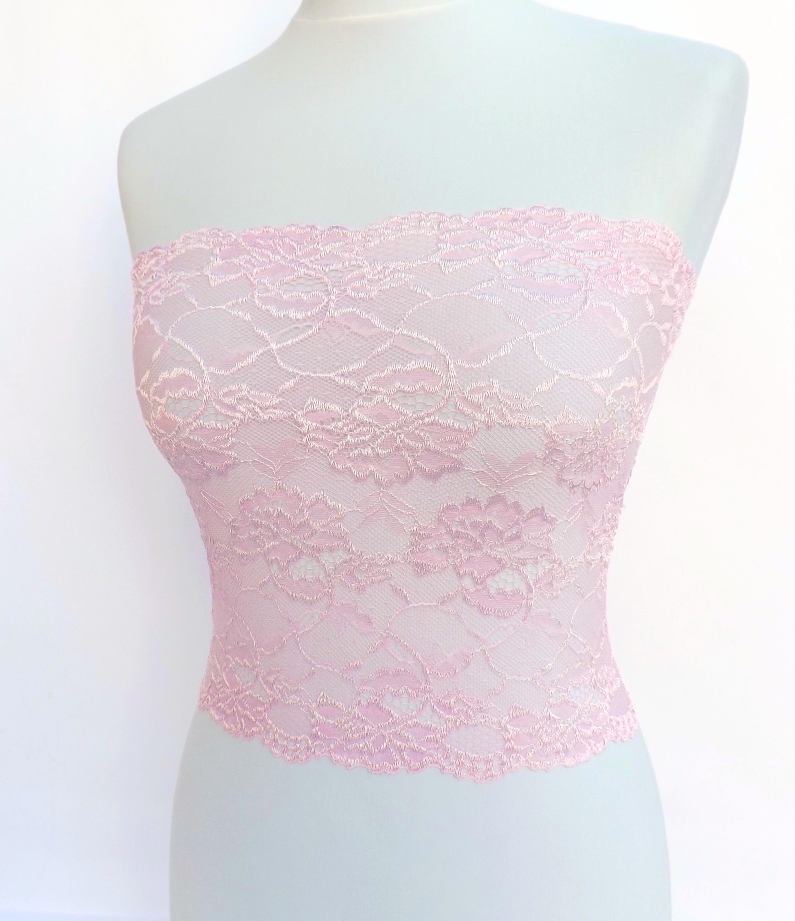 Light Pink Sheer Floral Elastic Lace Tube Top Strapless
