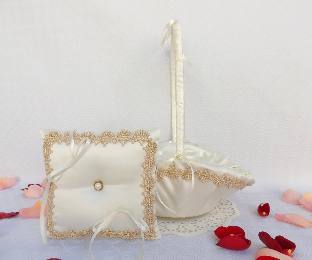 Ivory and Gold Wedding Ring Pillow and Flower Girl Basket Set Etsy