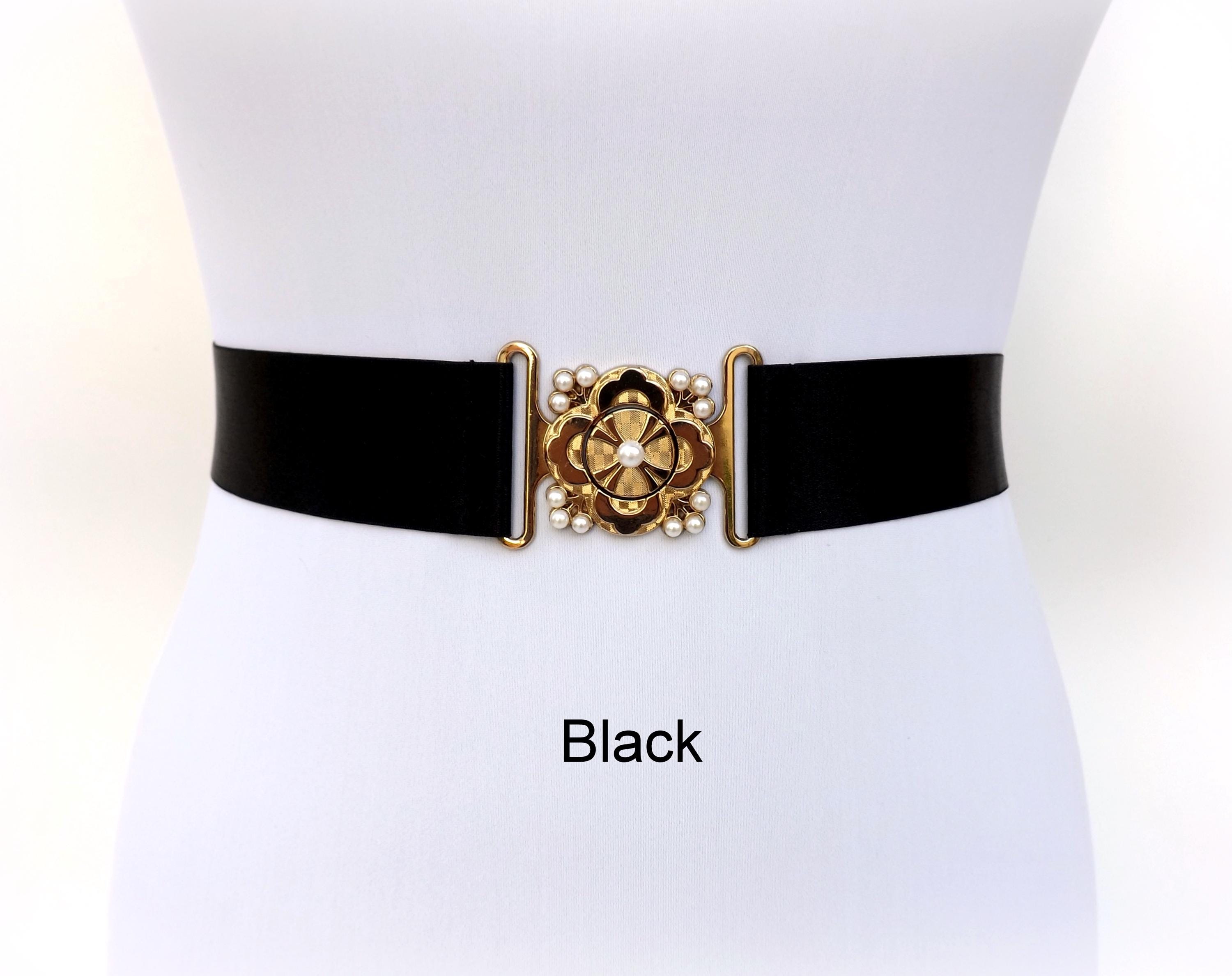 Black Elastic Waist Belt With Gold Floral Pearly Clasp - Etsy display picture 2