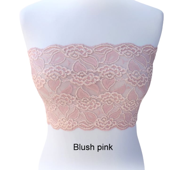 Top a fascia in pizzo elastico trasparente nero, reggiseno trasparente senza spalline Blush pink