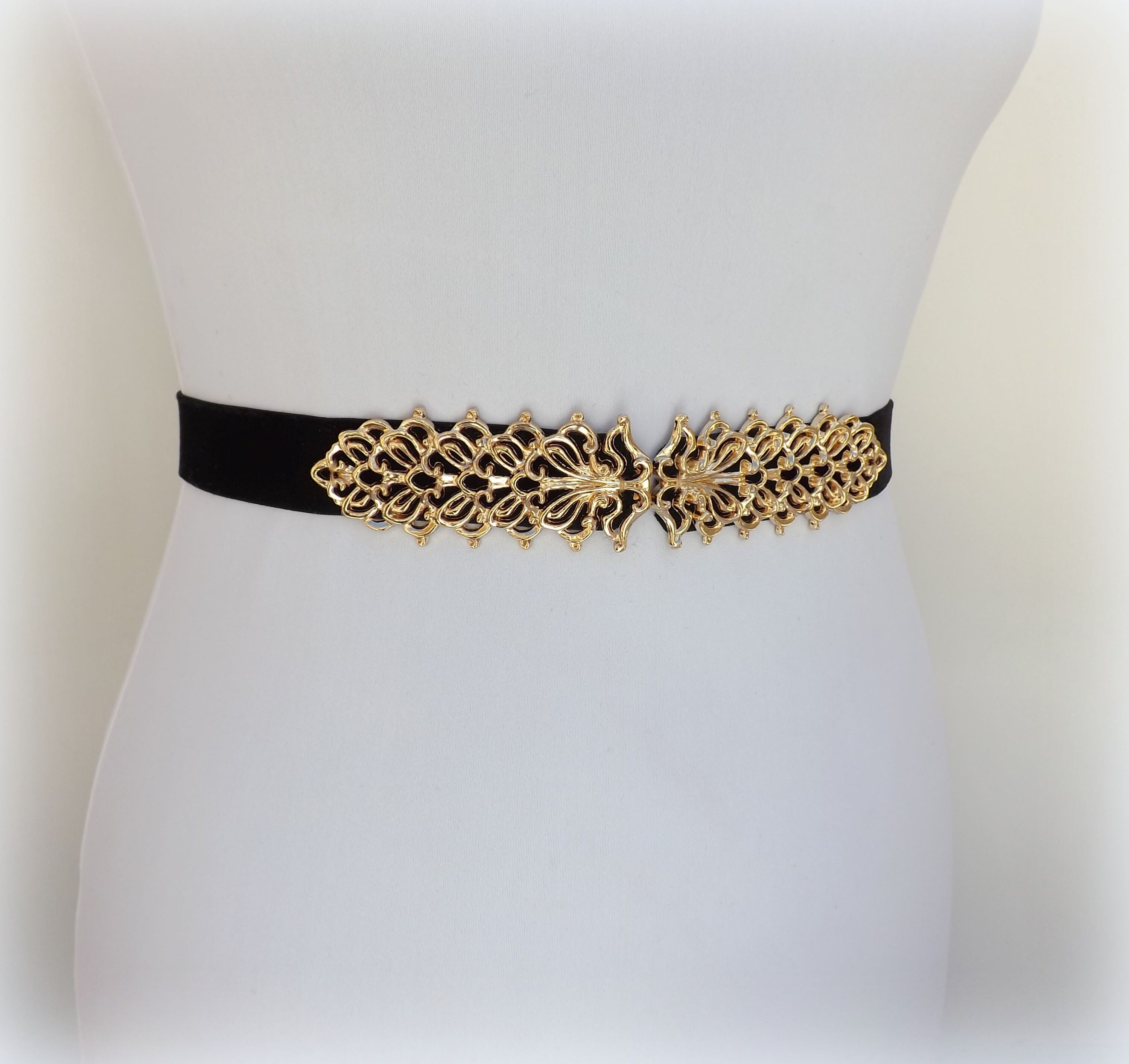 Black Velvet Elastic Waist Belt With Gold Filigree Clasp - Etsy