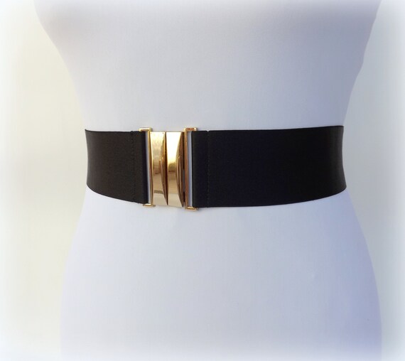 Black Elastic Waist Belt: Gold Clasp, Plus Size Available  display picture 1