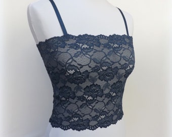 Navy blue lace tank top camisole, elastic lace cami