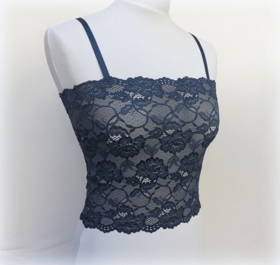 Navy Blue Lace Tank Top Camisole, Elastic Lace Cami 