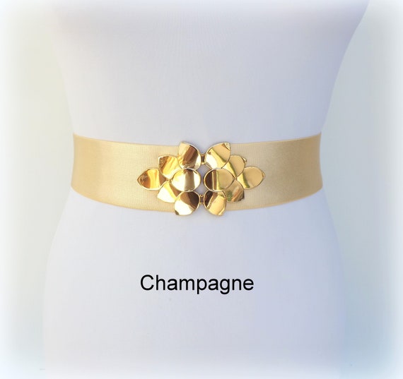 2.2 Wide Champagne Bridal Elastic Waist Belt With Gold Leaf Clasp Etsy Australia