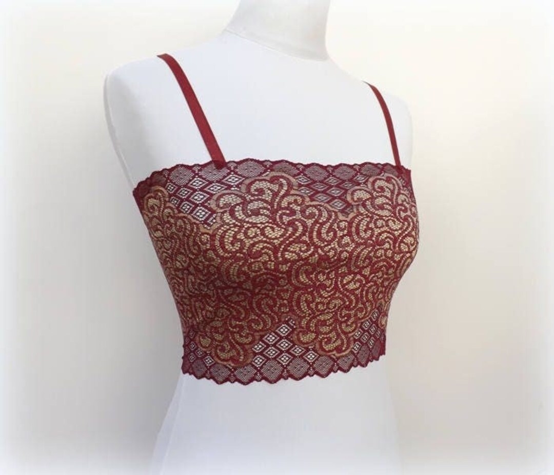 Red Burgundy and Gold Elastic Lace Bralette, Cropped Cami - Etsy