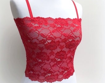 Red see through elastic lace tank top camisole