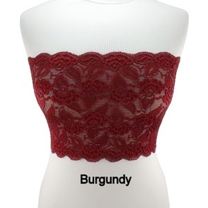 Top a fascia in pizzo elastico trasparente nero, reggiseno trasparente senza spalline Burgundy