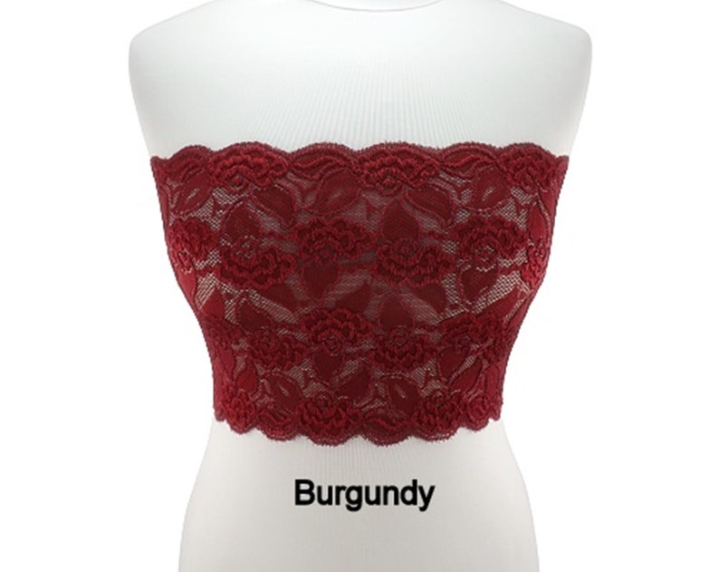 Top a fascia in pizzo elastico trasparente nero, reggiseno trasparente senza spalline Burgundy