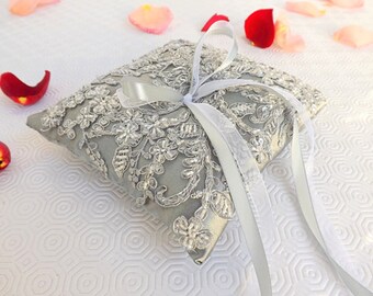 Silver wedding ring pillow, beaded floral lace ring bearer