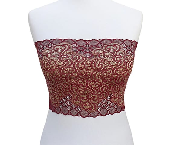 Burgundy and Gold Elastic Lace Bandeau Top, Strapless Bra 