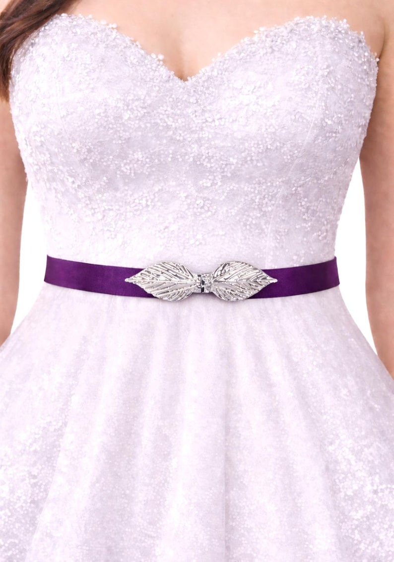 Purple special occasion fashion accessories - Dark purple stretch elastic waist belt with silver leaf clasp