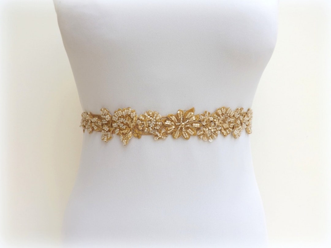 Gold Bridal Beaded Floral Lace Elastic Waist Belt, Wedding Dress Belt ...