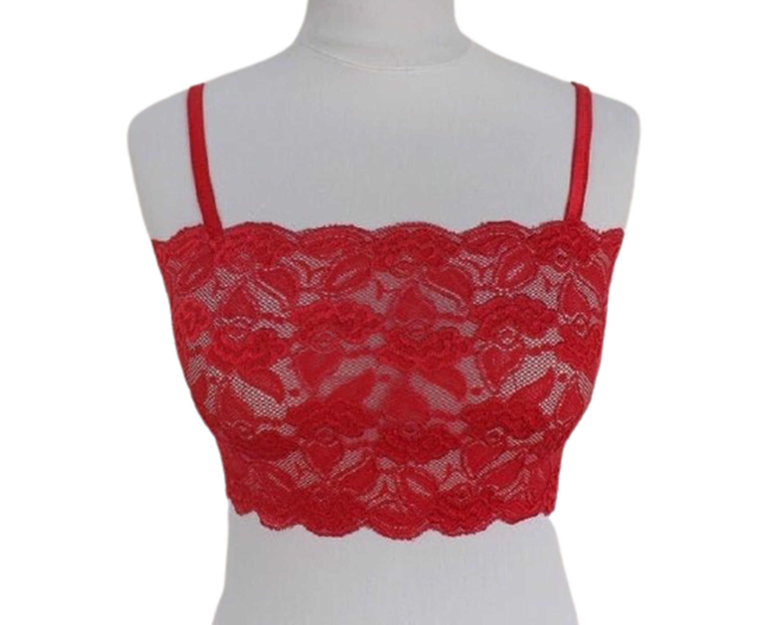 Red See Through Elastic Lace Bralette, Cropped Cami 